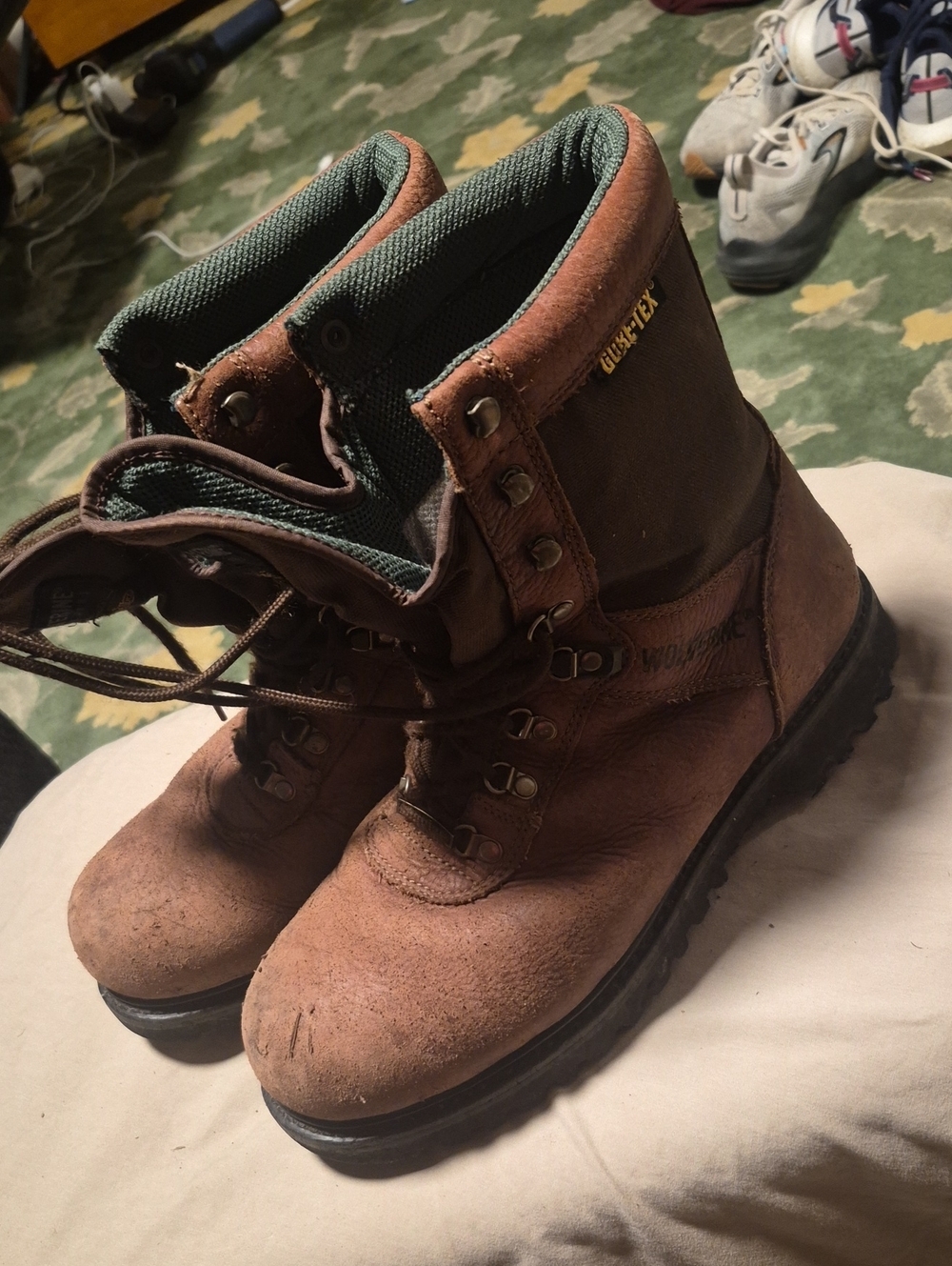 Wolverine Brown Work Boots with Green Collar